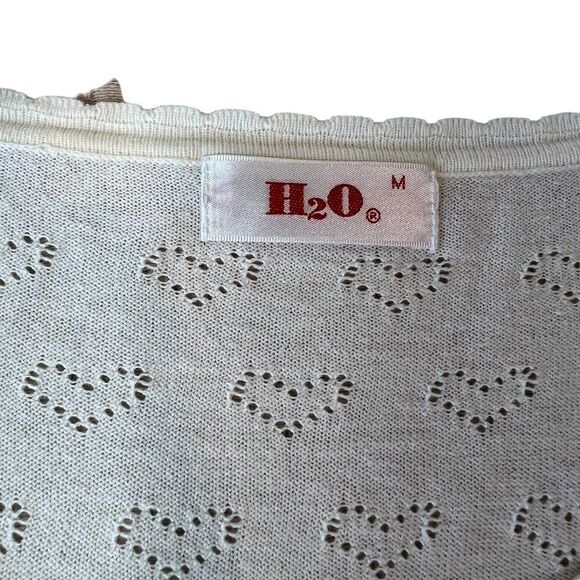 H20 Short Sleeve Cardigan Hearts Women Sz Medium Ivory Crop Love Japan Preppy - Picture 3 of 8